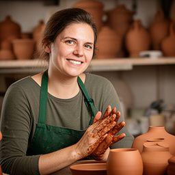 Laura in der Werkstatt mit Ton an den Händen vor einem Regal mit Terrakotta-Prototypen